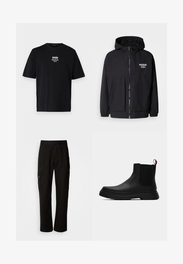 Černá kapucňová bunda s plným předním zipem, elastickými manžetami a dvojitými předními kapsami. Tištěné logo na levém prsu. Hladká textura.; Černé bavlněné tričko s krátkými rukávy a kulatým výstřihem. Na přední straně je bílé textové logo "DRYKORN FOR BEAUTIFUL PEOPLE".; Černé cargo kalhoty vyrobené z bavlny s uvolněným střihem, vybavené bočními kapsami, zapínáním na knoflík a rovnými nohavicemi. Jednoduchý design bez vzorů.; Černé kotníkové boty s hladkým povrchem, elastickými bočními panely a kontrastním červeným poutkem, s tlustou gumovou podrážkou a zaoblenou špičkou.