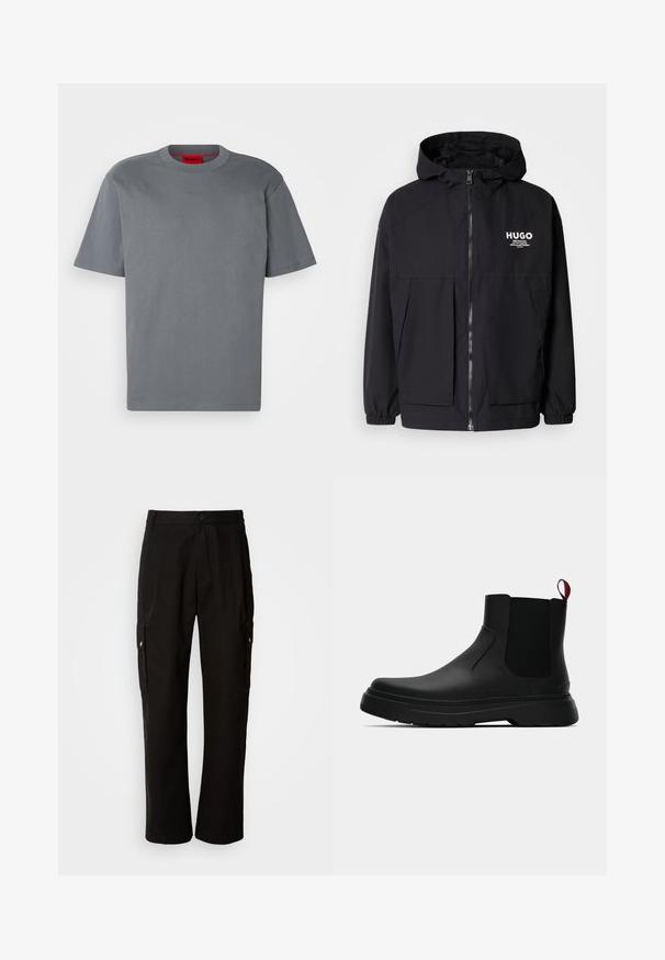 Czarna kurtka z kapturem z pełnym zamkiem z przodu, elastycznymi mankietami i podwójnymi kieszeniami z przodu. Drukowane logo na lewej piersi. Gładka faktura.; Szara bawełniana koszulka z krótkim rękawem. Posiada okrągły dekolt oraz subtelne wytłoczone logo na środku. Gładka faktura, minimalistyczny design.; Czarne spodnie cargo wykonane z bawełny, o luźnym kroju, z bocznymi kieszeniami, z zapięciem na guzik i prostymi nogawkami. Prosty design bez wzorów.; Czarny botek za kostkę o gładkim wykończeniu, z elastycznymi bocznymi panelami i kontrastującą czerwoną pętelką, z grubą gumową podeszwą i zaokrąglonym noskiem.