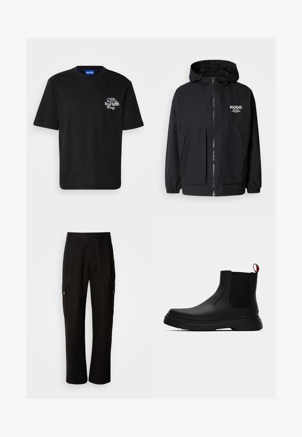 Černá kapucňová bunda s plným předním zipem, elastickými manžetami a dvojitými předními kapsami. Tištěné logo na levém prsu. Hladká textura.; Černé bavlněné tričko s kulatým výstřihem. Na levé části hrudi se nachází malá bílá grafika auta a text "Hugo Garage". Krátké rukávy.; Černé cargo kalhoty vyrobené z bavlny s uvolněným střihem, vybavené bočními kapsami, zapínáním na knoflík a rovnými nohavicemi. Jednoduchý design bez vzorů.; Černé kotníkové boty s hladkým povrchem, elastickými bočními panely a kontrastním červeným poutkem, s tlustou gumovou podrážkou a zaoblenou špičkou.