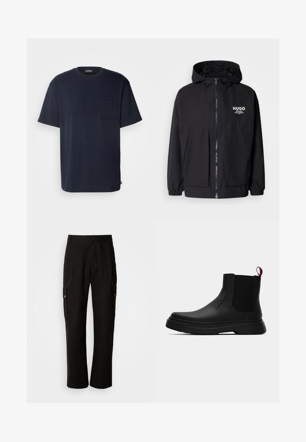 Mustat hupparitakki, jossa on täysipituinen vetoketju, joustavat hihansuut ja kaksinkertaiset etupussit. Vasemmassa rinnassa painettu logo. Sileä tekstuuri.; T-paita, jossa on lyhyt hiha, tummansiniinen ja valmistettu pehmeästä puuvillasta. Ominaisuuksiin kuuluu rintatasku ja rento istuvuus, jossa on kaareva helma. Klassinen pyöreä kaula-aukko.; Mustat cargo-housut puuvillasta, joissa on rento istuvuus, sivutaskut, nappikiinnitys ja suorat lahkeet. Yksinkertainen muotoilu ilman kuvioita.; Musta nilkkuri, jossa on sileä pinta, elastiset sivupaneelit ja erottuva punainen vetonauha, paksu kumipohja ja pyöristetty varvas.