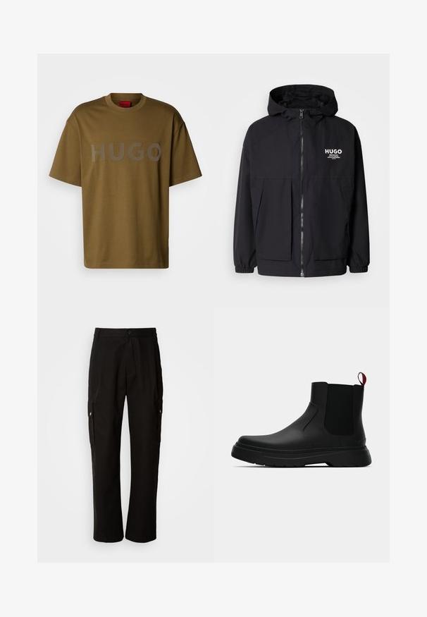 Juodas gobtuvas striukė su pilnu priekiniu užtrauktuku, elastinėmis rankovėmis ir dviem priekinėmis kišenėmis. Spausdintas logo ant kairės krūtinės. Lygus tekstūruotas paviršius.; Alyvuogių žalia medvilninė marškinėliai su apvaliu kaklu ir trumpomis rankovėmis, su dideliu pilku "HUGO" logotipu, atspausdintu priekyje.; Juodos krovinių kelnės, pagamintos iš medvilnės, laisvo kirpimo, su šoninėmis kišenėmis, mygtuko uždarymu ir tiesiomis kojomis. Paprastas dizainas, be raštų.; Juodas kulkšninis batas su lygiu paviršiumi, elastiniais šonų intarpais ir kontrastingu raudonu kilimėliu, turintis storą guminį pado ir apvalią nosį.