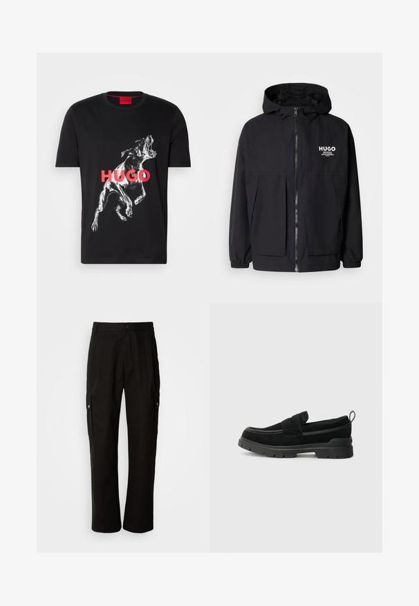 Sort hættejakke med lynlås foran, elastiske manchetter og to foran lommer. Trykt logo på venstre bryst. Glat tekstur.; Sort bomuld T-shirt med en hvid grafik af en hund i midt-i-gaben, med ordet "HUGO" i fede røde bogstaver over fronten.; Sorte cargo bukser lavet af bomuld med en afslappet pasform, der har sidelommer, knaplukning og lige ben. Enkel design uden mønstre.; Sorte ruskinds slip-on sko med en tyk sort gummisål, der har en toprem og kontrasterende syninger.