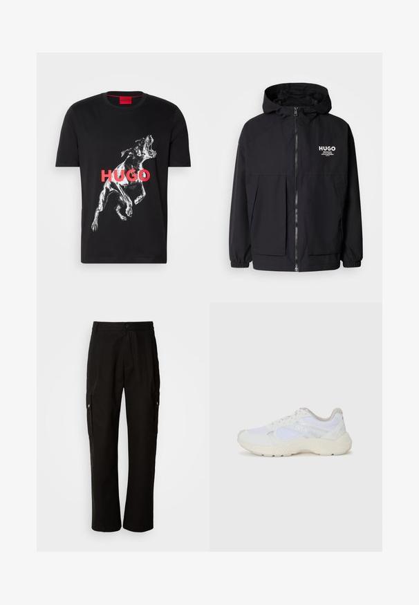 Schwarze Kapuzenjacke mit einem durchgehenden Reißverschluss an der Vorderseite, elastischen Bündchen und zwei vorderen Taschen. Bedrucktes Logo auf der linken Brust. Glatte Textur.; Schwarzes Baumwoll-T-Shirt mit einem weißen Grafikdruck eines Hundes im Gähnprozess, mit dem Wort "HUGO" in fetten roten Buchstaben auf der Vorderseite.; Schwarze Cargo-Hosen aus Baumwolle mit lockerem Schnitt, seitlichen Taschen, Knopfverschluss und geradem Bein. Einfaches Design ohne Muster.; Weiße Sportschuhe aus Mesh und Wildleder, mit einer strukturierten Zwischensohle, strukturierten Akzenten und dem "HUGO"-Logo an der Seite.