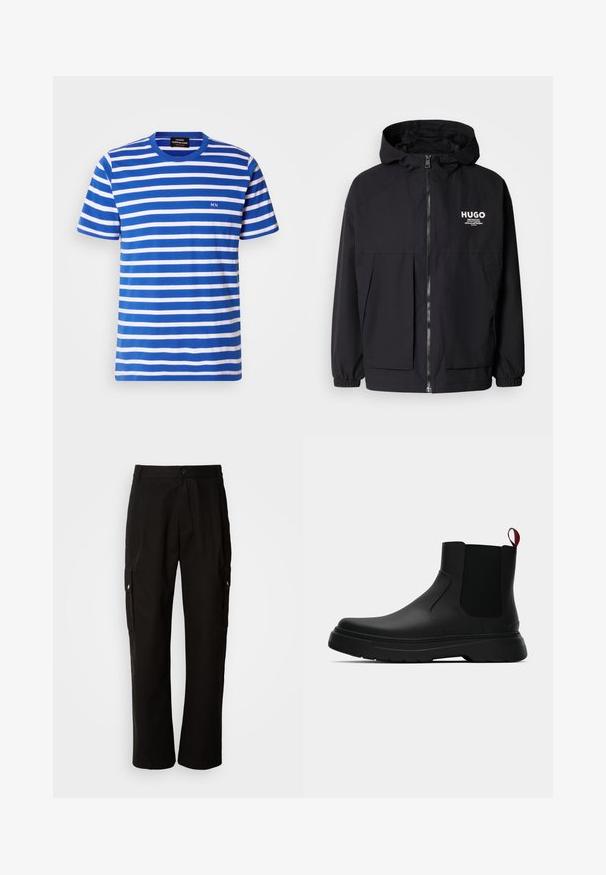 Čierna kapucňová bunda s plným predným zipsom, elastickými manžetami a dvojitými prednými vreckami. Tlačené logo na ľavej hrudi. Hladký povrch.; Pruhované tričko v modro-bielej farbe, vyrobené z bavlny. Má okrúhly výstrih a malé logo "MN" na hrudi, krátke rukávy.; Čierne cargo nohavice vyrobené z bavlny s voľným strihom, majú bočné vrecká, zapínanie na gombík a rovné nohavice. Jednoduchý dizajn bez vzorov.; Čierne členkové topánky s hladkým povrchom, elastickými bočnými panelmi a kontrastným červeným poutkom, vybavené hrubou gumovou podrážkou a zaoblenou špičkou.