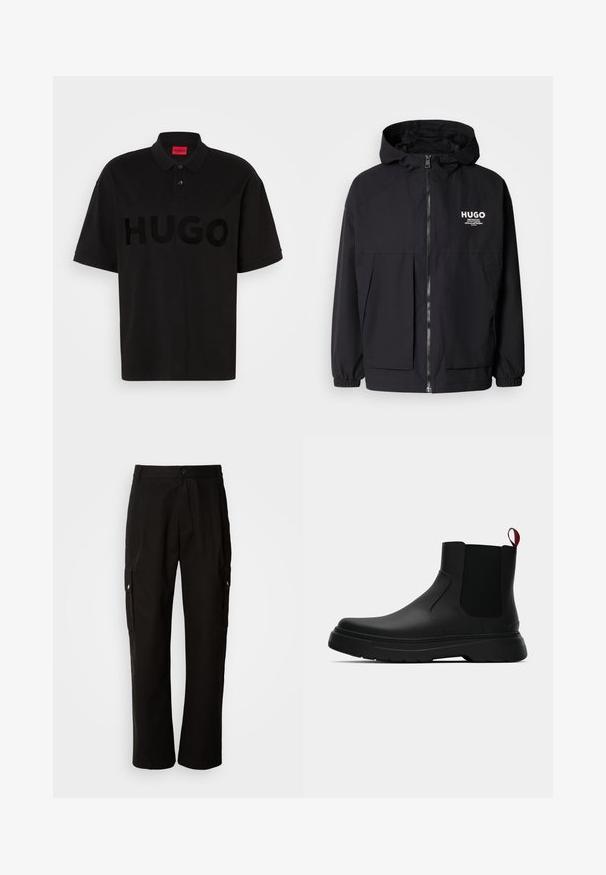 Fekete kapucnis dzseki, teljes elülső cipzárral, elasztikus mandzsettákkal és két elülső zsebbel. Nyomtatott logó a bal mellen. Simább textúra.; Fekete pólóing, pamutból készült, az elején nagy, tónusos "HUGO" logóval, két gombos gallérral és rövid ujjakkal.; Fekete vászont nadrág laza szabással, oldalsó zsebekkel, gombos záródással és egyenes lábakkal. Egyszerű minta nélküli design.; Fekete bokacipő sima felülettel, ruganyos oldalsó panelek és kontrasztos piros húzópánt jellemzi, vastag gumitalppal és lekerekített orral.