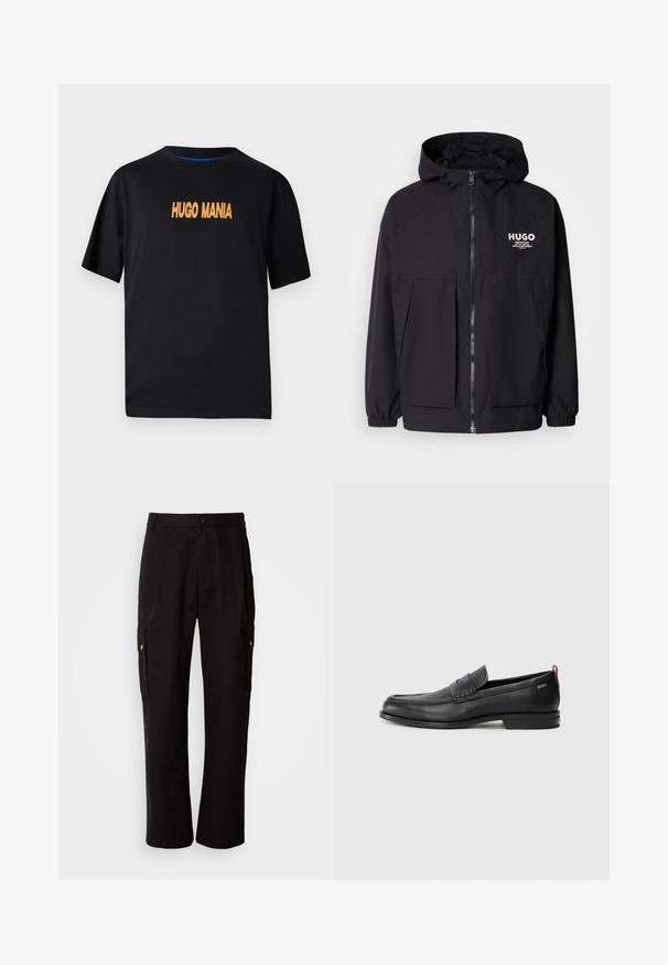 Black hooded jacket featuring a full front zip, elastic cuffs, and dual front pockets. Printed logo on the left chest. Smooth texture.; Black cotton t-shirt with short sleeves, featuring "HUGO MANIA" printed in orange on the front. Round neckline, casual fit.; Black cargo pants made of cotton with a relaxed fit, featuring side pockets, a button closure, and straight legs. Simple design without patterns.; Black leather loafers with a textured front panel and smooth sides. Features a slim heel and rear loop for easy wear. Classic design.