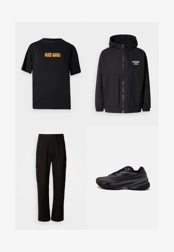Black hooded jacket featuring a full front zip, elastic cuffs, and dual front pockets. Printed logo on the left chest. Smooth texture.; Black cotton t-shirt with short sleeves, featuring "HUGO MANIA" printed in orange on the front. Round neckline, casual fit.; Black cargo pants made of cotton with a relaxed fit, featuring side pockets, a button closure, and straight legs. Simple design without patterns.; Black running shoe with a textured upper featuring gray stripes. Thick sole for cushioning, round toe, and flat laces for secure fit.