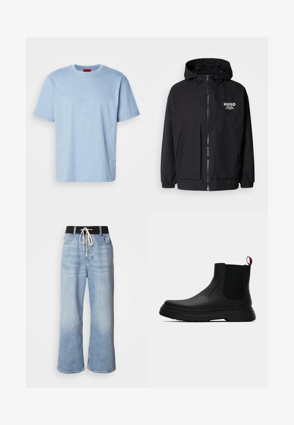 Must tumes jakk, millel on täispikktõmblukk, elastsed mansetid ja kaks esist pocketit. Prinditud logo vasakul rinnal. Sile tekstuur.; Heleda sinine puuvillane T-särk ümaratest kaelustest. Ees on reljeefne logo kujundus. Lühikesed varrukad ja mugav lõige.; Heledad sinised laiad püksid musta elastse vöökoha ja nööri sulgemisega, klassikalise viie taskuga disain.; Mustad musta värvi ankle boot, millel on sile viimistlus, elastsed külgpaneelid ja kontrastne punane tõmbetaba. Saapadel on paks kummist tald ja ümar varvas.