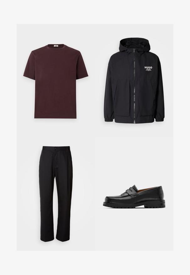 Zwarte hoodie-jack met een volledige rits aan de voorkant, elastische manchetten en twee voorzakken. Gedrukt logo op de linkerborst. Glad textuur.; Bordeaux katoenen T-shirt met een ronde hals, korte mouwen en een ontspannen pasvorm. Geen zichtbare logo's of patronen. Zachte textuur.; Zwarte broek met een rechte snit, gemaakt van lichtgewicht stof. Heeft een frontale knoopsluiting en twee zijzakken; gladde textuur.; Zwarte leren instappers hebben een verhoogde naad, twee decoratieve banden op de bovenkant en een dikke, gestructureerde zool voor extra grip.