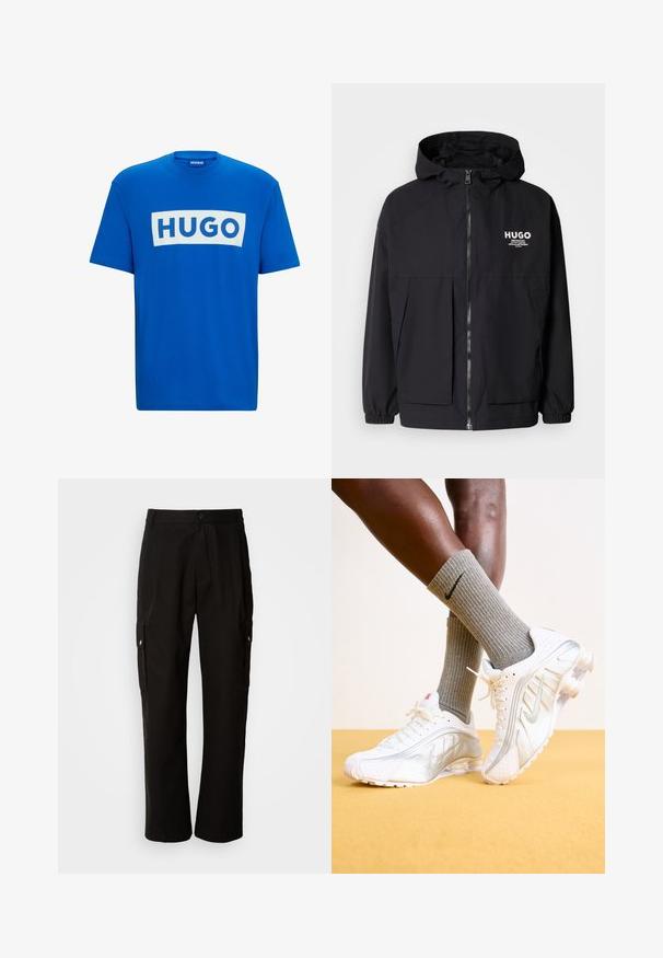 Black hooded jacket featuring a full front zip, elastic cuffs, and dual front pockets. Printed logo on the left chest. Smooth texture.; Blue cotton t-shirt featuring a large white rectangular graphic with the text "HUGO" in bold blue letters. Classic crew neckline and short sleeves.; Black cargo pants made of cotton with a relaxed fit, featuring side pockets, a button closure, and straight legs. Simple design without patterns.; Nike sneakers in white with silver accents, featuring textured panels and perforations. Paired with gray ribbed socks, set against a yellow background.