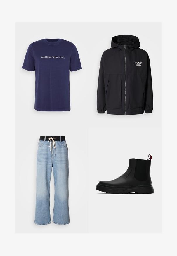 Μαύρο μπουφάν με κουκούλα που διαθέτει πλήρες μπροστινό φερμουάρ, ελαστικές μανσέτες και διπλές μπροστινές τσέπες. Εκτυπωμένο λογότυπο στο αριστερό στήθος. Απαλή υφή.; Мπλέ βαμβακερή μπλούζα με κοντά μανίκια, στρογγυλή λαιμόκοψη και λευκή επιγραφή "BARBOUR INTERNATIONAL" τυπωμένη στο στήθος.; Ανοιχτό μπλε παντελόνια με φαρδιά εφαρμογή και μαύρη ελαστική μέση, με κλείσιμο κορδονιού και κλασικό σχέδιο πέντε τσεπών.; Μαύρη αστράγαλη μποτάκι με λείο φινίρισμα, ελαστικές πλευρικές πάνελ και εναν αντίθετο κόκκινο χερούλι, με παχιά καουτσούκ σόλα και στρογγυλή μύτη.