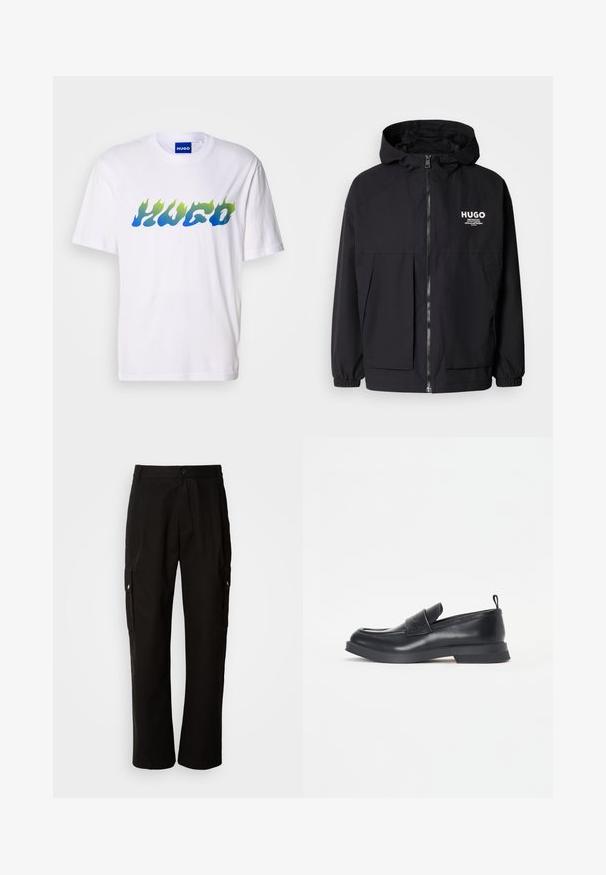 Černá kapucňová bunda s plným předním zipem, elastickými manžetami a dvojitými předními kapsami. Tištěné logo na levém prsu. Hladká textura.; Bílé tričko s krátkým rukávem, na kterém je modrý a zelený plamenový styl textu "HUGO" přes hruď, kulatý výstřih a modrá vnitřní etiketa.; Černé cargo kalhoty vyrobené z bavlny s uvolněným střihem, vybavené bočními kapsami, zapínáním na knoflík a rovnými nohavicemi. Jednoduchý design bez vzorů.; Černé kožené mokasíny s kulatou špičkou, detailním páskem vpředu a nízkou gumovou podrážkou. Obsahují jemné prošívání a zadní poutko.