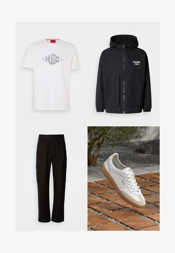 Melnā kapuce jaka ar pilnu priekšējo rāvējslēdzēju, elastīgām piedurknēm un divām priekšējām kabatām. Izdrukāts logo kreisajā krūtī. Gluda tekstūra.; Balts kokvilnas T-krekls ar pelēku dimanta formas logotipu, kurā centrā ir vārds "HUGO". Apļa kakls un īsas piedurknes.; Melnas kokvilnas kravas bikses ar brīvu piegriezumu, ar sānu kabatām, pogu aizdari un taisnām kājām. Vienkāršs dizains bez rakstiem.; Baltas ādas kedas ar bēšiem zamšādām, ar apaļu purngalu, auklām priekšā un brūnu gumijas zoli, uz kuras redzams zīmola nosaukums "BOSS".