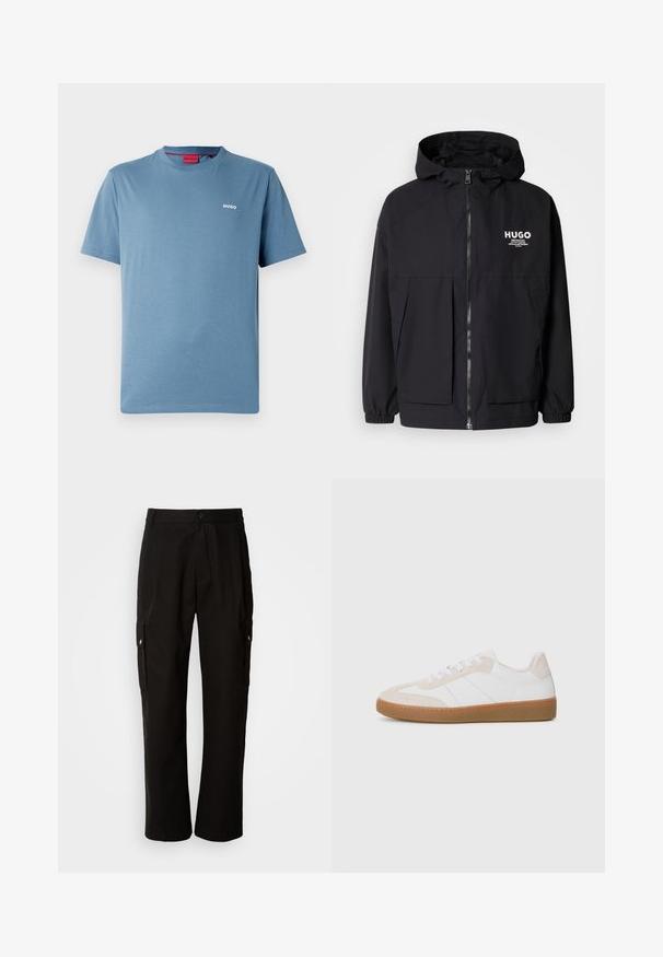 Black hooded jacket featuring a full front zip, elastic cuffs, and dual front pockets. Printed logo on the left chest. Smooth texture.; Blue short-sleeve crewneck T-shirt with small white "HUGO" logo on left chest and red inner collar label.; Black cargo pants made of cotton with a relaxed fit, featuring side pockets, a button closure, and straight legs. Simple design without patterns.; White and beige sneaker with suede and leather elements. Features a rubber sole, lace-up design, and minimalist side stripes.