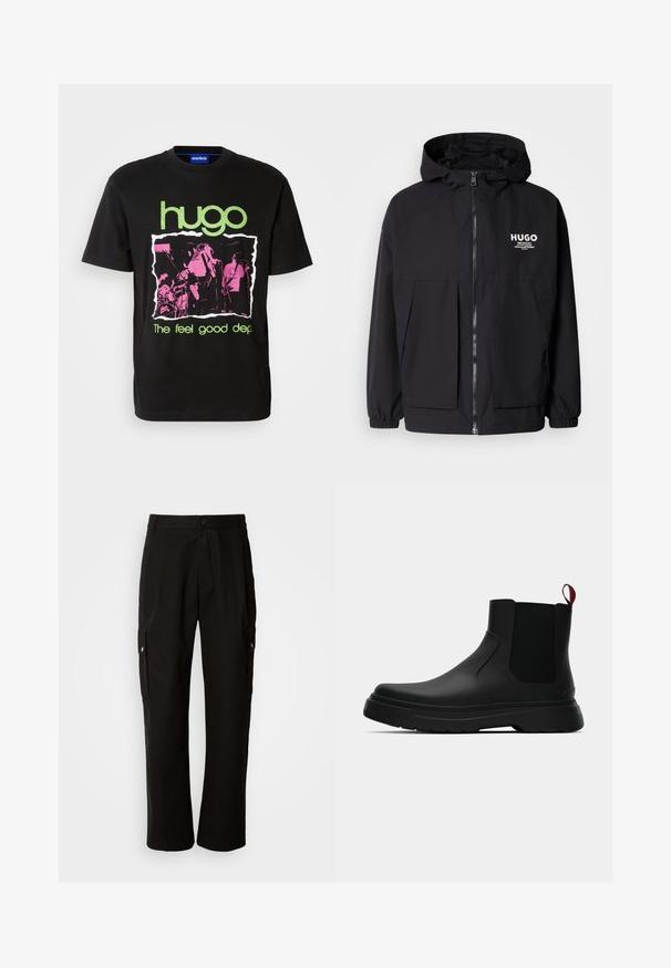 Melnā kapuce jaka ar pilnu priekšējo rāvējslēdzēju, elastīgām piedurknēm un divām priekšējām kabatām. Izdrukāts logo kreisajā krūtī. Gluda tekstūra.; Melna kokvilnas T-kreklu ar zaļu "hugo" logotipu, rozā grafiku ar grupas attēliem un tekstu "The feel good dep." zaļā krāsā.; Melnas kokvilnas kravas bikses ar brīvu piegriezumu, ar sānu kabatām, pogu aizdari un taisnām kājām. Vienkāršs dizains bez rakstiem.; Melnas potītes ar gludu apdari, elastīgiem sānu paneļiem un kontrastējošu sarkano cilpu, aprīkotas ar biezu gumijas zoli un noapaļotu purngalu.