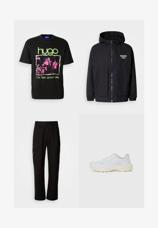 Black hooded jacket featuring a full front zip, elastic cuffs, and dual front pockets. Printed logo on the left chest. Smooth texture.; Black cotton t-shirt featuring a green "hugo" logo, a pink graphic with band imagery, and the text "The feel good dep." in green.; Black cargo pants made of cotton with a relaxed fit, featuring side pockets, a button closure, and straight legs. Simple design without patterns.; White athletic shoes made of mesh and suede, featuring a textured midsole, textured accents, and "HUGO" logo on the side.