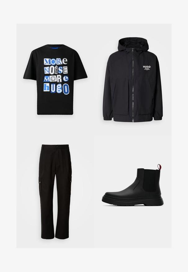 Must tumes jakk, millel on täispikktõmblukk, elastsed mansetid ja kaks esist pocketit. Prinditud logo vasakul rinnal. Sile tekstuur.; Mustmustärane puuvillane T-särk, millel on julge graafiline tekst erinevates fondides ja sinise ning valge varjundites, mänguliselt paigutatud ette.; Mustad mustadeks rõivasteks mõeldud puuvillased püksid, millel on lõdva istuvuse disain, küljetaskud, nööbiga sulgemine ja sirged sääred. Lihtne disain ilma mustriteta.; Mustad musta värvi ankle boot, millel on sile viimistlus, elastsed külgpaneelid ja kontrastne punane tõmbetaba. Saapadel on paks kummist tald ja ümar varvas.