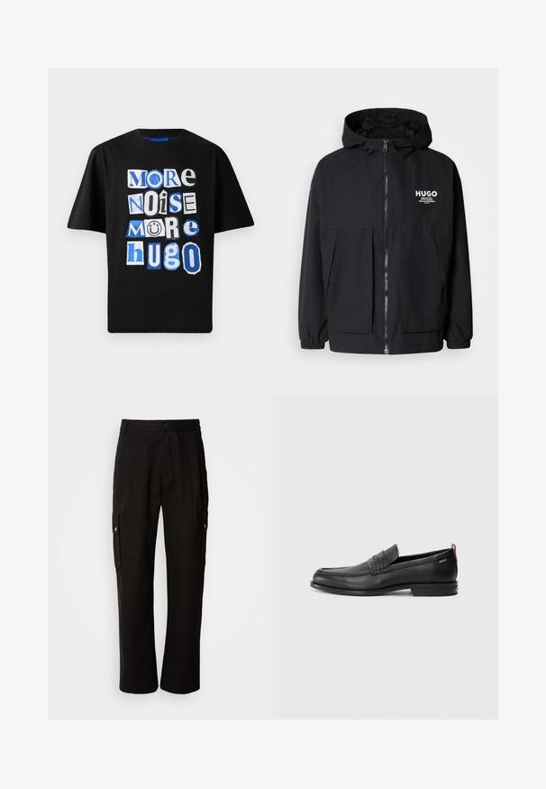 Čierna kapucňová bunda s plným predným zipsom, elastickými manžetami a dvojitými prednými vreckami. Tlačené logo na ľavej hrudi. Hladký povrch.; Čierne bavlnené tričko s výrazným grafickým textom v rôznych písmach a odtieňoch modrej a bielej, hravo usporiadané na prednej strane.; Čierne cargo nohavice vyrobené z bavlny s voľným strihom, majú bočné vrecká, zapínanie na gombík a rovné nohavice. Jednoduchý dizajn bez vzorov.; Čierne kožené mokasíny s textúrovaným predným panelom a hladkými bokmi. Majú úzky podpätok a zadný pútko pre jednoduché obúvanie. Klasický dizajn.