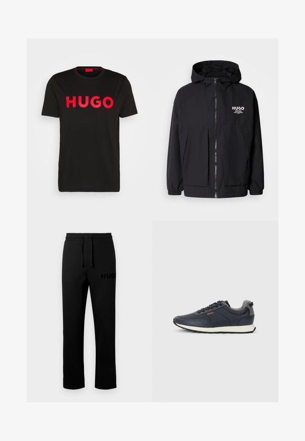Jachetă neagră cu glugă, având un fermoar complet pe față, manșete elastice și două buzunare frontale. Logo imprimat pe partea stângă a pieptului. Textură netedă.; Tricou din bumbac negru, cu text „HUGO” îndrăzneț roșu pe față, mâneci scurte, decolteu rotund și o croială lejeră.; Pantaloni negri de trening cu talie elastică, șnur de ajustare și un mic logo „HUGO” embossat în partea stângă. Textură netedă, croială dreaptă.; Adidași bleumarin cu un superior sintetic neted, vârful rotund, accente gri, design cu șireturi și o talpă intermediară albă cu o talpă exterioară texturată neagră.