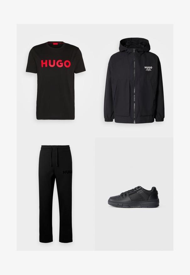 Black hooded jacket featuring a full front zip, elastic cuffs, and dual front pockets. Printed logo on the left chest. Smooth texture.; Black cotton t-shirt featuring bold red "HUGO" text on the front, short sleeves, round neckline, and a relaxed fit.; Black sweatpants with an elastic waistband, drawstring, and a small, embossed "HUGO" logo on the left side. Smooth texture, straight cut.; Black athletic shoe featuring a smooth leather upper, textured accents, perforated details, and a rubber sole with a flat profile.
