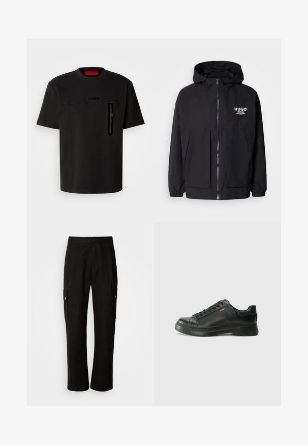 Juodas gobtuvas striukė su pilnu priekiniu užtrauktuku, elastinėmis rankovėmis ir dviem priekinėmis kišenėmis. Spausdintas logo ant kairės krūtinės. Lygus tekstūruotas paviršius.; Juoda trumpaipišyma T-marškiniai su apvaliu kaklu, turintys priekinę užtrauktuko kišenę, subtile logotipu ant krūtinės ir lygiu audinio paviršiumi.; Juodos krovinių kelnės, pagamintos iš medvilnės, laisvo kirpimo, su šoninėmis kišenėmis, mygtuko uždarymu ir tiesiomis kojomis. Paprastas dizainas, be raštų.; Juodos odinės sportinės bateliai su tekstūruota viršutine dalimi, paminkštinta apykakle ir raudonu logotipo akcentu. Yra storas guminis padas su išskirtiniu protektoriaus raštu.