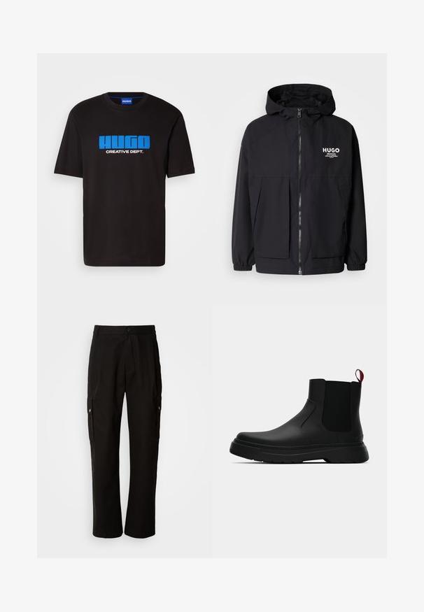 Melnā kapuce jaka ar pilnu priekšējo rāvējslēdzēju, elastīgām piedurknēm un divām priekšējām kabatām. Izdrukāts logo kreisajā krūtī. Gluda tekstūra.; Melna kokvilnas T-krekls ar zilu "HUGO" logotipu un "CREATIVE DEPT." tekstu priekšā. Īsas piedurknes, apaļa kakla izgriezums.; Melnas kokvilnas kravas bikses ar brīvu piegriezumu, ar sānu kabatām, pogu aizdari un taisnām kājām. Vienkāršs dizains bez rakstiem.; Melnas potītes ar gludu apdari, elastīgiem sānu paneļiem un kontrastējošu sarkano cilpu, aprīkotas ar biezu gumijas zoli un noapaļotu purngalu.