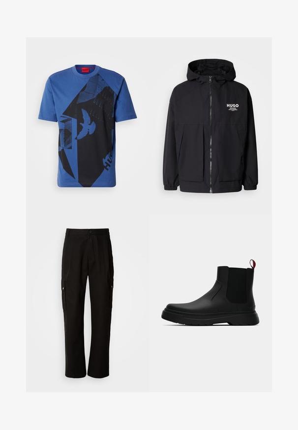 Μαύρο μπουφάν με κουκούλα που διαθέτει πλήρες μπροστινό φερμουάρ, ελαστικές μανσέτες και διπλές μπροστινές τσέπες. Εκτυπωμένο λογότυπο στο αριστερό στήθος. Απαλή υφή.; Μπλε βαμβακερή μπλούζα τύπου t-shirt με στρογγυλή λαιμόκοψη, διαθέτει μαύρο γραφικό μοτίβο, συμπεριλαμβάνοντας σχήματα και πουλιά, καθώς και μία κόκκινη ετικέτα στον λαιμό.; Μαύρο cargo παντελόνι από βαμβάκι με χαλαρή εφαρμογή, διαθέτει πλαϊνές τσέπες, κλείσιμο με κουμπί και ίσια πόδια. Απλό σχέδιο χωρίς μοτίβα.; Μαύρη αστράγαλη μποτάκι με λείο φινίρισμα, ελαστικές πλευρικές πάνελ και εναν αντίθετο κόκκινο χερούλι, με παχιά καουτσούκ σόλα και στρογγυλή μύτη.