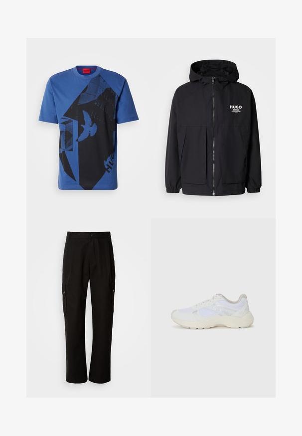 Fekete kapucnis dzseki, teljes elülső cipzárral, elasztikus mandzsettákkal és két elülső zsebbel. Nyomtatott logó a bal mellen. Simább textúra.; Kék pamut póló kerek nyakkal, fekete grafikai mintával, amely formákat és madarakat tartalmaz, valamint egy vörös címkét a nyakrésznél.; Fekete vászont nadrág laza szabással, oldalsó zsebekkel, gombos záródással és egyenes lábakkal. Egyszerű minta nélküli design.; Fehér sportcipők, amelyek hálós és velúr anyagból készültek, texturált középtalppal, texturált részletekkel és a "HUGO" logóval az oldalon.