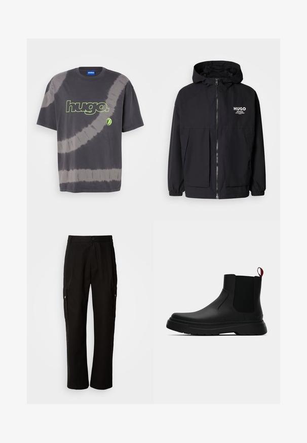 Mustat hupparitakki, jossa on täysipituinen vetoketju, joustavat hihansuut ja kaksinkertaiset etupussit. Vasemmassa rinnassa painettu logo. Sileä tekstuuri.; Tummanharmaa kietaisupaita, jossa on pyöreä kaula-aukko, lyhyet hihat ja vihreä "hugO."-logo edessä, jossa on pyöreä kuvio.; Mustat cargo-housut puuvillasta, joissa on rento istuvuus, sivutaskut, nappikiinnitys ja suorat lahkeet. Yksinkertainen muotoilu ilman kuvioita.; Musta nilkkuri, jossa on sileä pinta, elastiset sivupaneelit ja erottuva punainen vetonauha, paksu kumipohja ja pyöristetty varvas.