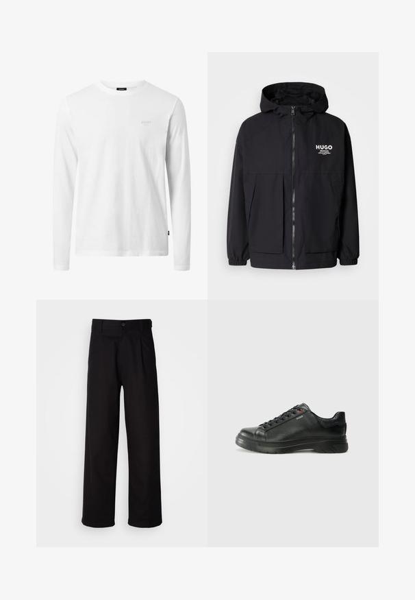 Black hooded jacket featuring a full front zip, elastic cuffs, and dual front pockets. Printed logo on the left chest. Smooth texture.; White long-sleeve t-shirt made of cotton, featuring a round neck, soft texture, and a subtle logo on the chest. Simple, classic design.; Black trousers made of smooth fabric, featuring a straight-leg design, front pleats, and a single button closure at the waist.; Black leather sneaker with textured upper, padded collar, and red logo detail. Features a thick rubber sole with distinct tread pattern.