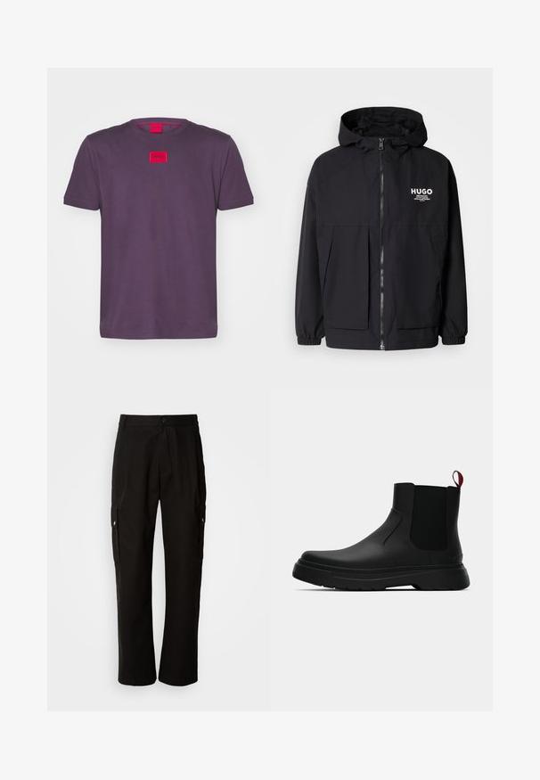 Svart huva jacka med full dragkedja fram, elastiska ärmslut och dubbla framfickor. Tryckt logotyp på vänster bröst. Slät textur.; HUGO DIRAGOLINO - T-shirt - bas - open purple; Svarta cargobyxor i bomull med avslappnad passform, utrustade med sidofickor, knapplås och raka ben. Enkelt design utan mönster.; Svarta ankelstövlar med en slät yta, elastiska sidopaneler och en kontrasterande röd dragflik, med en tjock gummisula och rund tå.