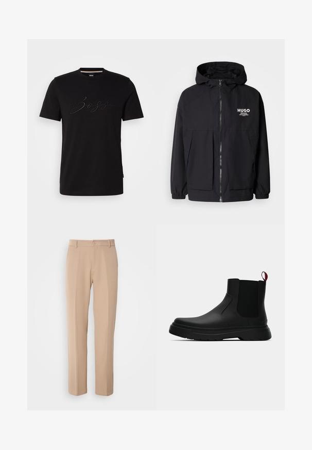 Černá kapucňová bunda s plným předním zipem, elastickými manžetami a dvojitými předními kapsami. Tištěné logo na levém prsu. Hladká textura.; Černé bavlněné tričko s kulatým výstřihem, krátkými rukávy a tonálním vyšívaným logem "BOSS" na přední straně. Hladká textura, standardní střih.; Béžové kalhoty vyrobené z hladkého materiálu, s rovnými nohavicemi, předním zapínáním na knoflík a jemnými sklady podél přední části.; Černé kotníkové boty s hladkým povrchem, elastickými bočními panely a kontrastním červeným poutkem, s tlustou gumovou podrážkou a zaoblenou špičkou.