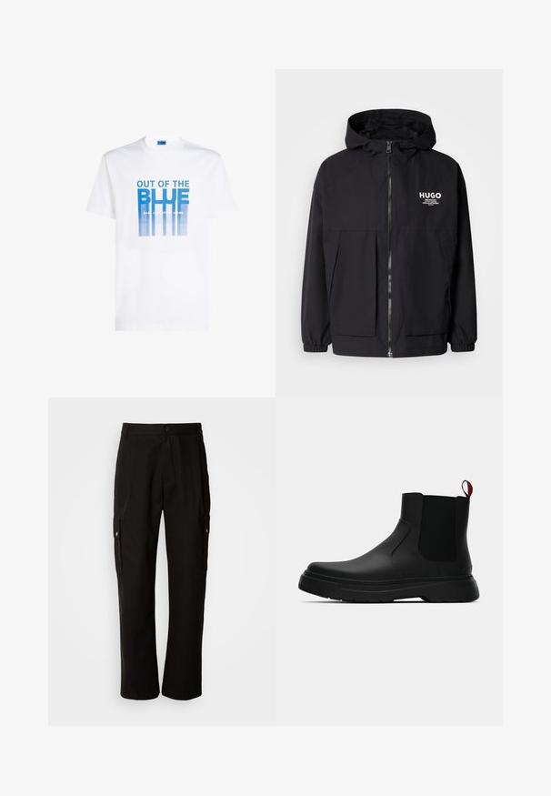 Melnā kapuce jaka ar pilnu priekšējo rāvējslēdzēju, elastīgām piedurknēm un divām priekšējām kabatām. Izdrukāts logo kreisajā krūtī. Gluda tekstūra.; Balta kokvilnas T-kreklā ar zilu grafisko apdruku, kurā ir teksts "OUT OF THE BLUE" un vertikālas līnijas. Apaļš kakla izgriezums, īsas piedurknes.; Melnas kokvilnas kravas bikses ar brīvu piegriezumu, ar sānu kabatām, pogu aizdari un taisnām kājām. Vienkāršs dizains bez rakstiem.; Melnas potītes ar gludu apdari, elastīgiem sānu paneļiem un kontrastējošu sarkano cilpu, aprīkotas ar biezu gumijas zoli un noapaļotu purngalu.