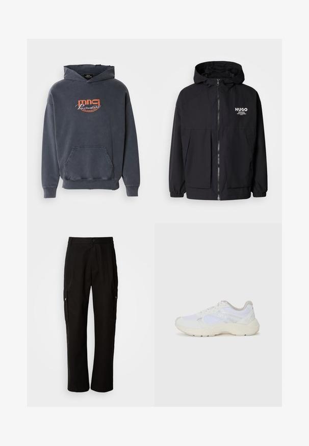 Μαύρο μπουφάν με κουκούλα που διαθέτει πλήρες μπροστινό φερμουάρ, ελαστικές μανσέτες και διπλές μπροστινές τσέπες. Εκτυπωμένο λογότυπο στο αριστερό στήθος. Απαλή υφή.; Σκούρο γκρι φούτερ με μπροστινή τσέπη, κουκούλα με κορδόνια και πορτοκαλί γραφικό λογότυπο "mmg Paradise Disco Dancing Club" στο στήθος. Ύφασμα από μείγμα βαμβακιού.; Μαύρο cargo παντελόνι από βαμβάκι με χαλαρή εφαρμογή, διαθέτει πλαϊνές τσέπες, κλείσιμο με κουμπί και ίσια πόδια. Απλό σχέδιο χωρίς μοτίβα.; Λευκά αθλητικά παπούτσια από πλέγμα και σουέτ, με υφή στη σόλα, υφές σε διάφορα σημεία και λογότυπο "HUGO" στο πλάι.