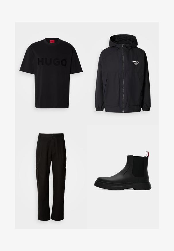 Must tumes jakk, millel on täispikktõmblukk, elastsed mansetid ja kaks esist pocketit. Prinditud logo vasakul rinnal. Sile tekstuur.; Must musta särk lühikeste varrukatega, ümmarguse kaelusega, mille esiküljel on suur, läikiv must "HUGO" logo. Sile tekstuur.; Mustad mustadeks rõivasteks mõeldud puuvillased püksid, millel on lõdva istuvuse disain, küljetaskud, nööbiga sulgemine ja sirged sääred. Lihtne disain ilma mustriteta.; Mustad musta värvi ankle boot, millel on sile viimistlus, elastsed külgpaneelid ja kontrastne punane tõmbetaba. Saapadel on paks kummist tald ja ümar varvas.