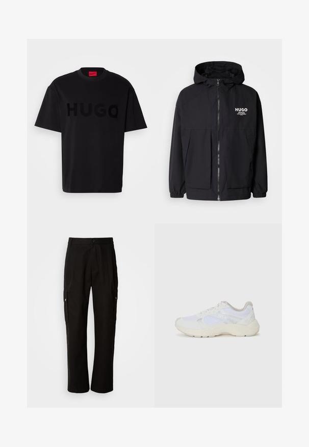 Mustat hupparitakki, jossa on täysipituinen vetoketju, joustavat hihansuut ja kaksinkertaiset etupussit. Vasemmassa rinnassa painettu logo. Sileä tekstuuri.; Musta puuvillapaita lyhyillä hihoilla, pyöreä kaula-aukko, etuosassa suuri, kiiltävä musta "HUGO" -logo. Sileä pinta.; Mustat cargo-housut puuvillasta, joissa on rento istuvuus, sivutaskut, nappikiinnitys ja suorat lahkeet. Yksinkertainen muotoilu ilman kuvioita.; Valkoiset urheilukengät, jotka on valmistettu verkkokankaasta ja mokasta, sisältävät tekstuurillisen välipohjan, teksturoituja yksityiskohtia ja "HUGO"-logon sivussa.