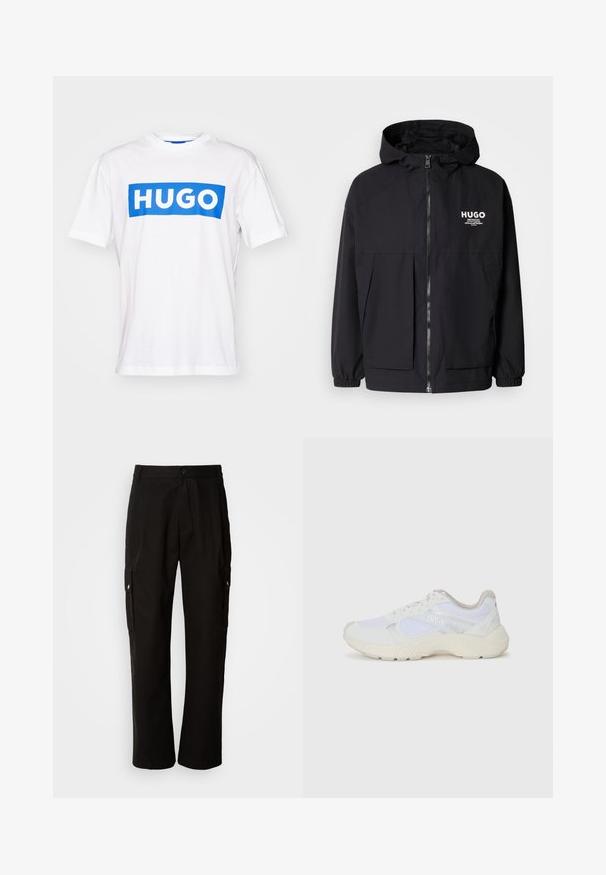 Black hooded jacket featuring a full front zip, elastic cuffs, and dual front pockets. Printed logo on the left chest. Smooth texture.; White cotton t-shirt featuring a large blue box with the word "HUGO" in white bold letters. Short sleeves and a round neckline.; Black cargo pants made of cotton with a relaxed fit, featuring side pockets, a button closure, and straight legs. Simple design without patterns.; White athletic shoes made of mesh and suede, featuring a textured midsole, textured accents, and "HUGO" logo on the side.