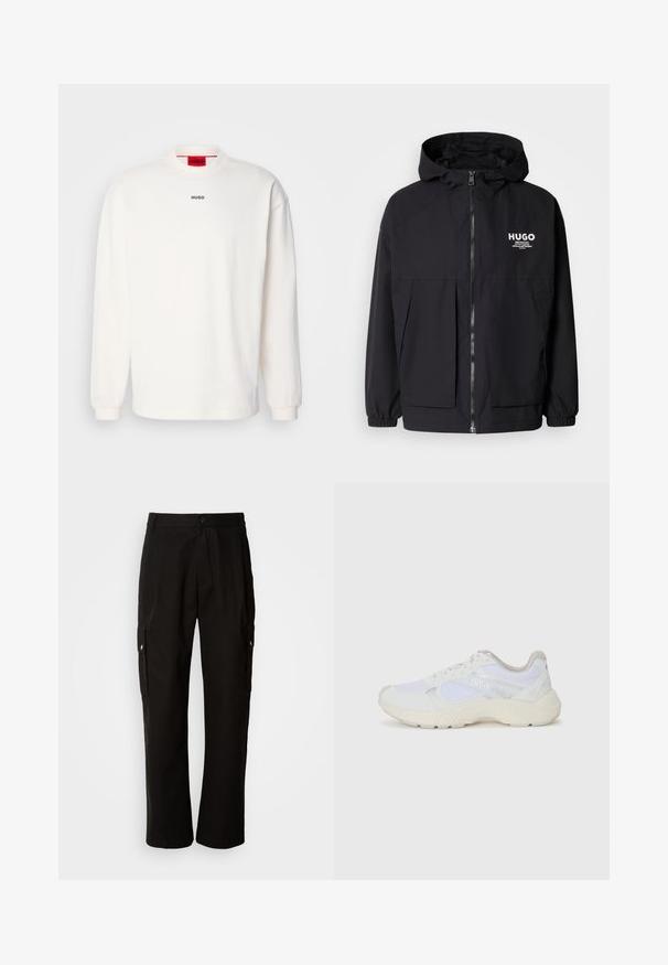 Čierna kapucňová bunda s plným predným zipsom, elastickými manžetami a dvojitými prednými vreckami. Tlačené logo na ľavej hrudi. Hladký povrch.; Biela mikina s dlhým rukávom vyrobená z bavlny. Má okrúhly výstrih, rebrované manžety a malé čierne logo "HUGO" na hrudi. Červená vnútorná etiketa.; Čierne cargo nohavice vyrobené z bavlny s voľným strihom, majú bočné vrecká, zapínanie na gombík a rovné nohavice. Jednoduchý dizajn bez vzorov.; Biele atletické topánky vyrobené z materiálov sieťoviny a semišu, s textúrovanou strednou podošvou, textúrovanými akcentmi a logom "HUGO" na boku.