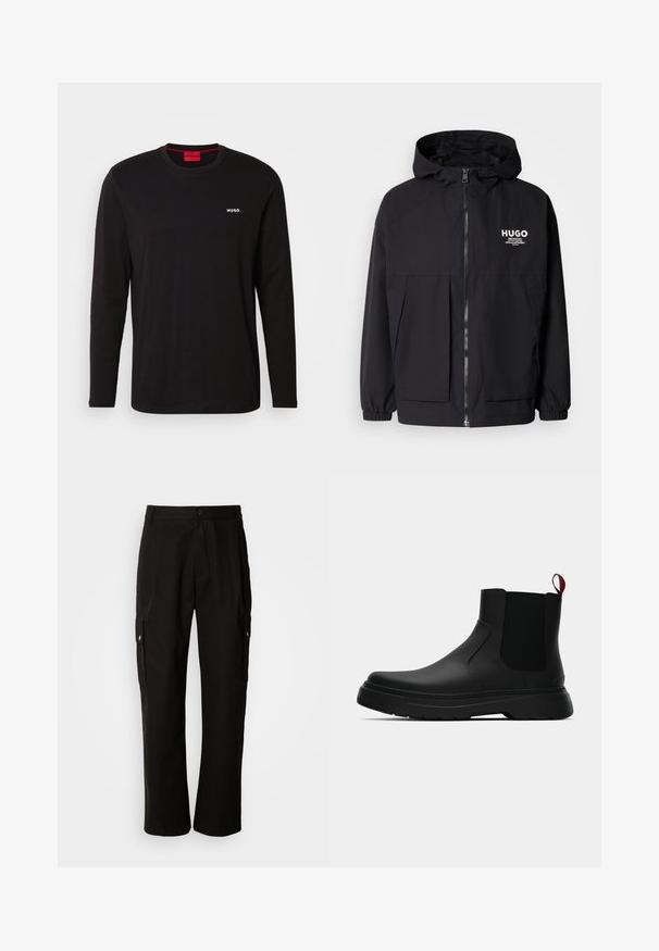 Juodas gobtuvas striukė su pilnu priekiniu užtrauktuku, elastinėmis rankovėmis ir dviem priekinėmis kišenėmis. Spausdintas logo ant kairės krūtinės. Lygus tekstūruotas paviršius.; Juodas ilgomis rankovėmis medvilninis marškinėlis, turintis apvalų iškirpimą ir baltą "HUGO" logotipą ant krūtinės. Lygus paviršius, laisva silueto forma.; Juodos krovinių kelnės, pagamintos iš medvilnės, laisvo kirpimo, su šoninėmis kišenėmis, mygtuko uždarymu ir tiesiomis kojomis. Paprastas dizainas, be raštų.; Juodas kulkšninis batas su lygiu paviršiumi, elastiniais šonų intarpais ir kontrastingu raudonu kilimėliu, turintis storą guminį pado ir apvalią nosį.