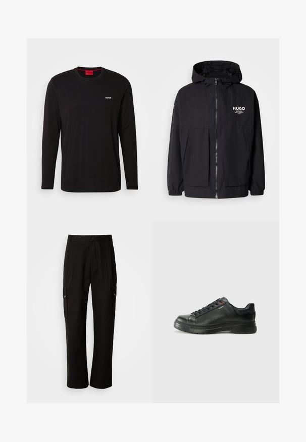 Sort hættejakke med lynlås foran, elastiske manchetter og to foran lommer. Trykt logo på venstre bryst. Glat tekstur.; Sort langærmet t-shirt lavet af bomuld, med rund halsudskæring og et hvidt "HUGO" logo på brystet. Blød tekstur, afslappet pasform.; Sorte cargo bukser lavet af bomuld med en afslappet pasform, der har sidelommer, knaplukning og lige ben. Enkel design uden mønstre.; Sorte lædersneakers med tekstureret overdel, polstret krave og rødt logo-detajle. Har en tyk gummisål med tydeligt mønster.