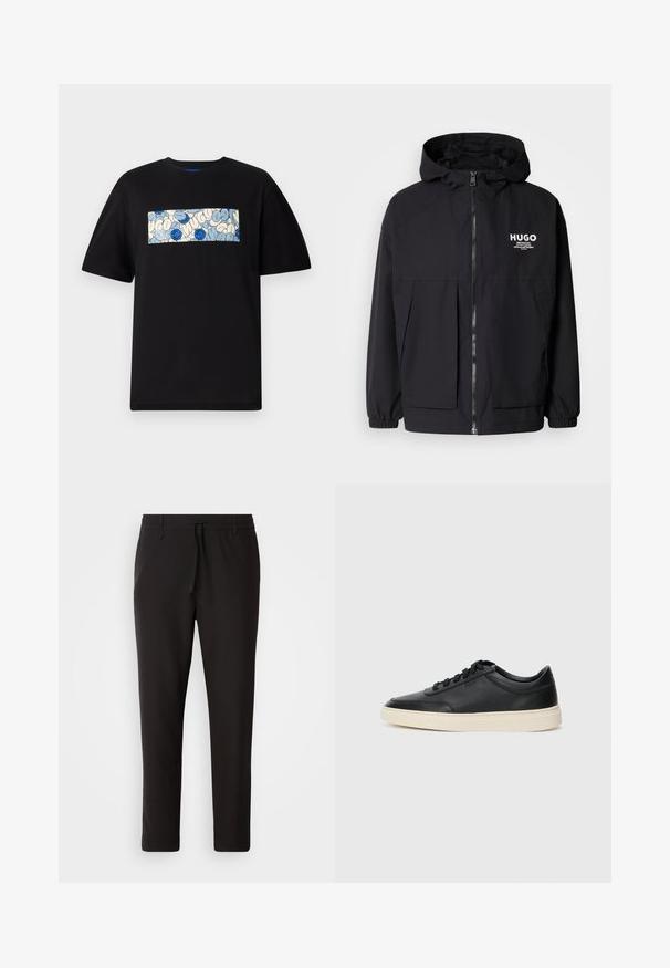 Juodas gobtuvas striukė su pilnu priekiniu užtrauktuku, elastinėmis rankovėmis ir dviem priekinėmis kišenėmis. Spausdintas logo ant kairės krūtinės. Lygus tekstūruotas paviršius.; Juodas medvilninis marškinėliai su stačiakampiu grafiniu piešiniu mėlyna ir kreminėmis spalvomis, papuoštas apvaliais raštais ir piešiniais, skirtas laisvam prigludimui.; Juodi džinsai, pagaminti iš lygaus audinio. Yra elastinė juosmens juosta su raišteliu, siaurėjantys džinsai, be matomų kišenių. Paprastas dizainas.; Juoda žema viršutinė odinė sportbačiai su juodais raišteliais ir kreminiu padu, pateikti šoniniame profilyje ant baltos fono.