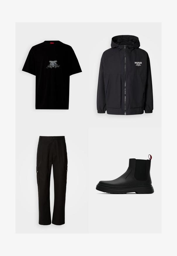 Black hooded jacket featuring a full front zip, elastic cuffs, and dual front pockets. Printed logo on the left chest. Smooth texture.; Black cotton t-shirt with a round neck, short sleeves, and a front graphic design in silver featuring floral and emblematic details.; Black cargo pants made of cotton with a relaxed fit, featuring side pockets, a button closure, and straight legs. Simple design without patterns.; Black ankle boot with a smooth finish, elastic side panels, and a contrasting red pull tab, featuring a thick rubber sole and rounded toe.