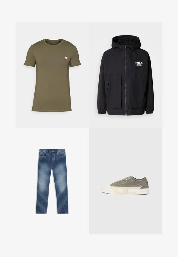 Černá kapucňová bunda s plným předním zipem, elastickými manžetami a dvojitými předními kapsami. Tištěné logo na levém prsu. Hladká textura.; Krátký rukáv olivově zelené tričko vyrobené z bavlny. Má kulatý výstřih a malé červené trojúhelníkové logo na levé hrudi. Hladká textura.; Džínové kalhoty s pruhovaným vzorem, středně modré barvy, vybledlé části, rovný střih nohavic, pět kapes a zapínání na kovový knoflík.; Zelené plátěné nízké tenisky s bílou gumovou špičkou a podrážkou, které mají texturovaný design a jemné známky opotřebení na svršku.