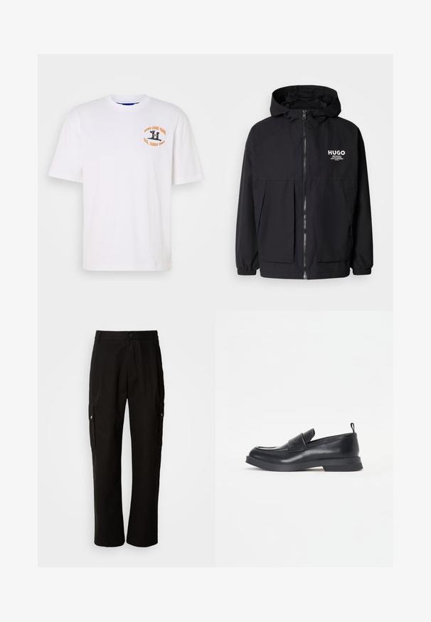 Juodas gobtuvas striukė su pilnu priekiniu užtrauktuku, elastinėmis rankovėmis ir dviem priekinėmis kišenėmis. Spausdintas logo ant kairės krūtinės. Lygus tekstūruotas paviršius.; Balta medvilninė marškinėliai su apvalia iškirpte, trumpomis rankovėmis ir spausdintu logotipu kairėje krūtinės pusėje, kuriame yra juodi ir oranžiniai tekstai bei grafika.; Juodos krovinių kelnės, pagamintos iš medvilnės, laisvo kirpimo, su šoninėmis kišenėmis, mygtuko uždarymu ir tiesiomis kojomis. Paprastas dizainas, be raštų.; Juodų odinių loaferių su apvaliu pirštu, priekinio dirželio detalėmis ir žemu guminio pado. Savybė - subtilus siuvinėjimas ir galinis tamprinis kilpos gaminys.