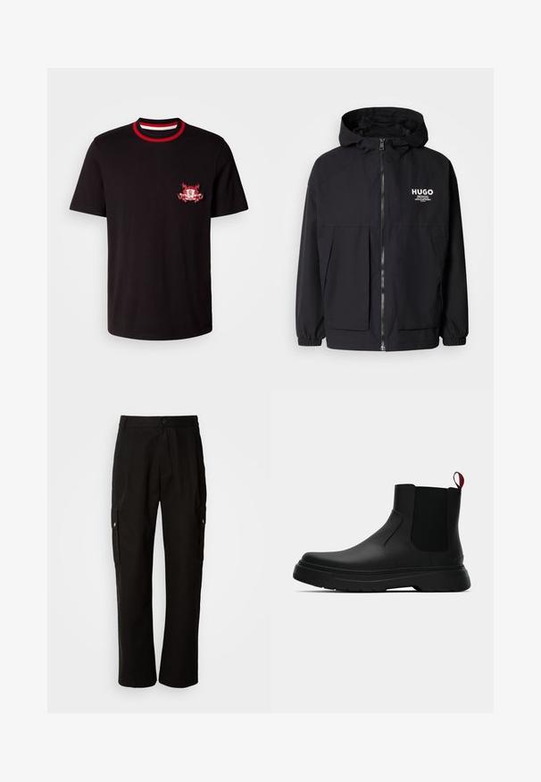 Svart hettegenser med full frontglidelås, elastiske mansjetter og doble frontlommer. Trykt logo på venstre bryst. Glatt tekstur.; Svart bomull T-skjorte med rund rød og hvit ribbestrikket krage. Den har en rød og hvit brodert logo på venstre bryst.; Svart cargobukse laget av bomull med avslappet passform, med sidelommer, knappeåpning og rette ben. Enkelt design uten mønstre.; Sorte ankelstøvler med en glat overflade, elastiske sidepaneler og en kontrastfyldt rød trækflik, med en tykk gummisål og rund tå.