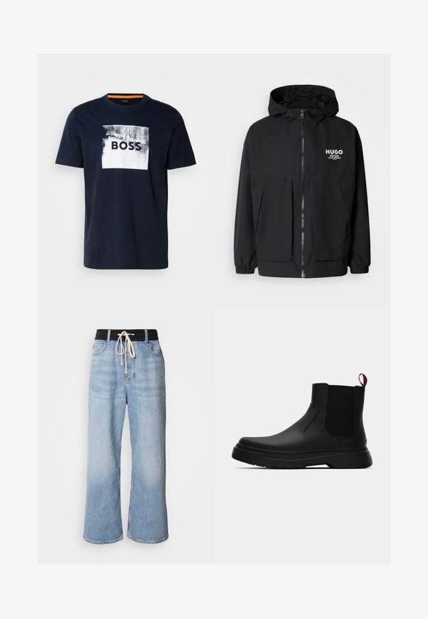 Μαύρο μπουφάν με κουκούλα που διαθέτει πλήρες μπροστινό φερμουάρ, ελαστικές μανσέτες και διπλές μπροστινές τσέπες. Εκτυπωμένο λογότυπο στο αριστερό στήθος. Απαλή υφή.; Ναυ blå βαμβακερό T-shirt με λευκό τετράγωνο γραφικό που περιέχει τη λέξη "BOSS" σε μαύρο χρώμα. Στρογγυλή λαιμόκοψη; κοντά μανίκια; απαλό υφασμά.; Ανοιχτό μπλε παντελόνια με φαρδιά εφαρμογή και μαύρη ελαστική μέση, με κλείσιμο κορδονιού και κλασικό σχέδιο πέντε τσεπών.; Μαύρη αστράγαλη μποτάκι με λείο φινίρισμα, ελαστικές πλευρικές πάνελ και εναν αντίθετο κόκκινο χερούλι, με παχιά καουτσούκ σόλα και στρογγυλή μύτη.