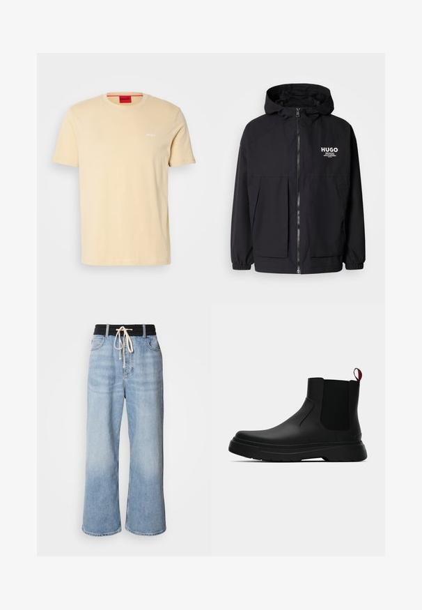 Černá kapucňová bunda s plným předním zipem, elastickými manžetami a dvojitými předními kapsami. Tištěné logo na levém prsu. Hladká textura.; Svetle béžové tričko s krátkým rukávem vyrobené z bavlny. Má kulatý výstřih a malé bílé logo "HUGO" na hrudi. Hladká textura.; Světle modré široké džíny s černým elastickým pasem, s šňůrkovým uzávěrem a klasickým designem s pěti kapsami.; Černé kotníkové boty s hladkým povrchem, elastickými bočními panely a kontrastním červeným poutkem, s tlustou gumovou podrážkou a zaoblenou špičkou.