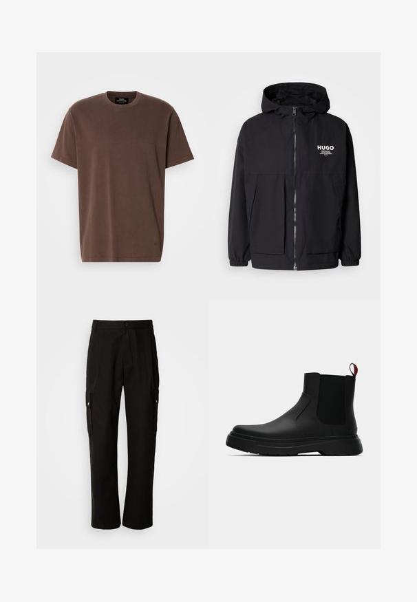 Schwarze Kapuzenjacke mit einem durchgehenden Reißverschluss an der Vorderseite, elastischen Bündchen und zwei vorderen Taschen. Bedrucktes Logo auf der linken Brust. Glatte Textur.; Braunes Kurzarm-T-Shirt mit Rundhalsausschnitt, mit kleinem Logo nahe dem Saum und Markenetikett im Nacken, auf weißem Hintergrund präsentiert.; Schwarze Cargo-Hosen aus Baumwolle mit lockerem Schnitt, seitlichen Taschen, Knopfverschluss und geradem Bein. Einfaches Design ohne Muster.; Schwarze Knöchelstiefel mit glatter Oberfläche, elastischen Seitenpaneelen und einem kontrastierenden roten Zuglasche, ausgestattet mit einer dicken Gummisohle und einer runden Zehenpartie.
