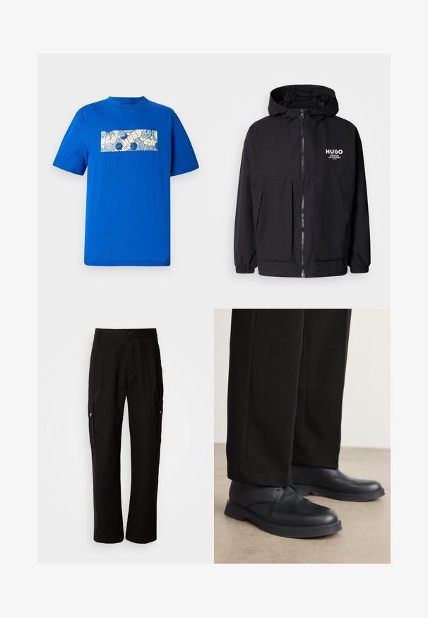 Zwarte hoodie-jack met een volledige rits aan de voorkant, elastische manchetten en twee voorzakken. Gedrukt logo op de linkerborst. Glad textuur.; Blauwe katoen t-shirt met een rechthoekig grafisch ontwerp met afgeronde vormen en blauwe accenten op een lichte achtergrond. Korte mouwen.; Zwarte cargobroek van katoen met een relaxte pasvorm, voorzien van zijzakken, een knoopsluiting en rechte pijpen. Eenvoudig ontwerp zonder patronen.; Zwarte lederen schoenen met een ronde neus, platte zool en minimale details. Gecombineerd met stijlvolle zwarte broek, die een gladde textuur laat zien.
