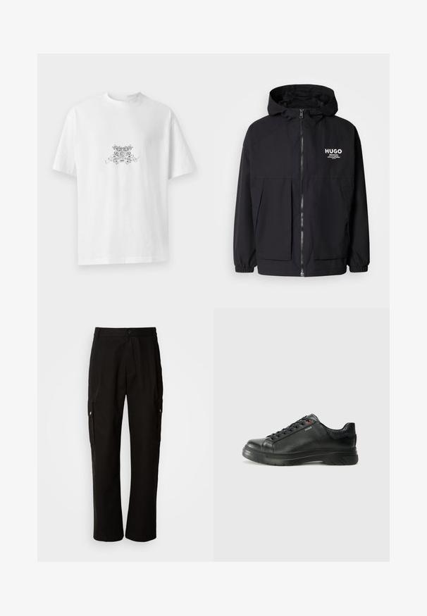 Sort hættejakke med lynlås foran, elastiske manchetter og to foran lommer. Trykt logo på venstre bryst. Glat tekstur.; Hvid bomulds t-shirt med rund halsudskæring, kortærmede, og et sort blomster grafikdesign med "HUGO" i midten.; Sorte cargo bukser lavet af bomuld med en afslappet pasform, der har sidelommer, knaplukning og lige ben. Enkel design uden mønstre.; Sorte lædersneakers med tekstureret overdel, polstret krave og rødt logo-detajle. Har en tyk gummisål med tydeligt mønster.